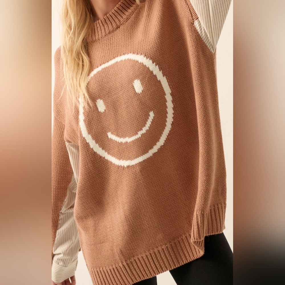 #6284 🩷 🛑M Chic Trendy Smiley Face Contrast Oversize Sweater - Picture 10 of 13